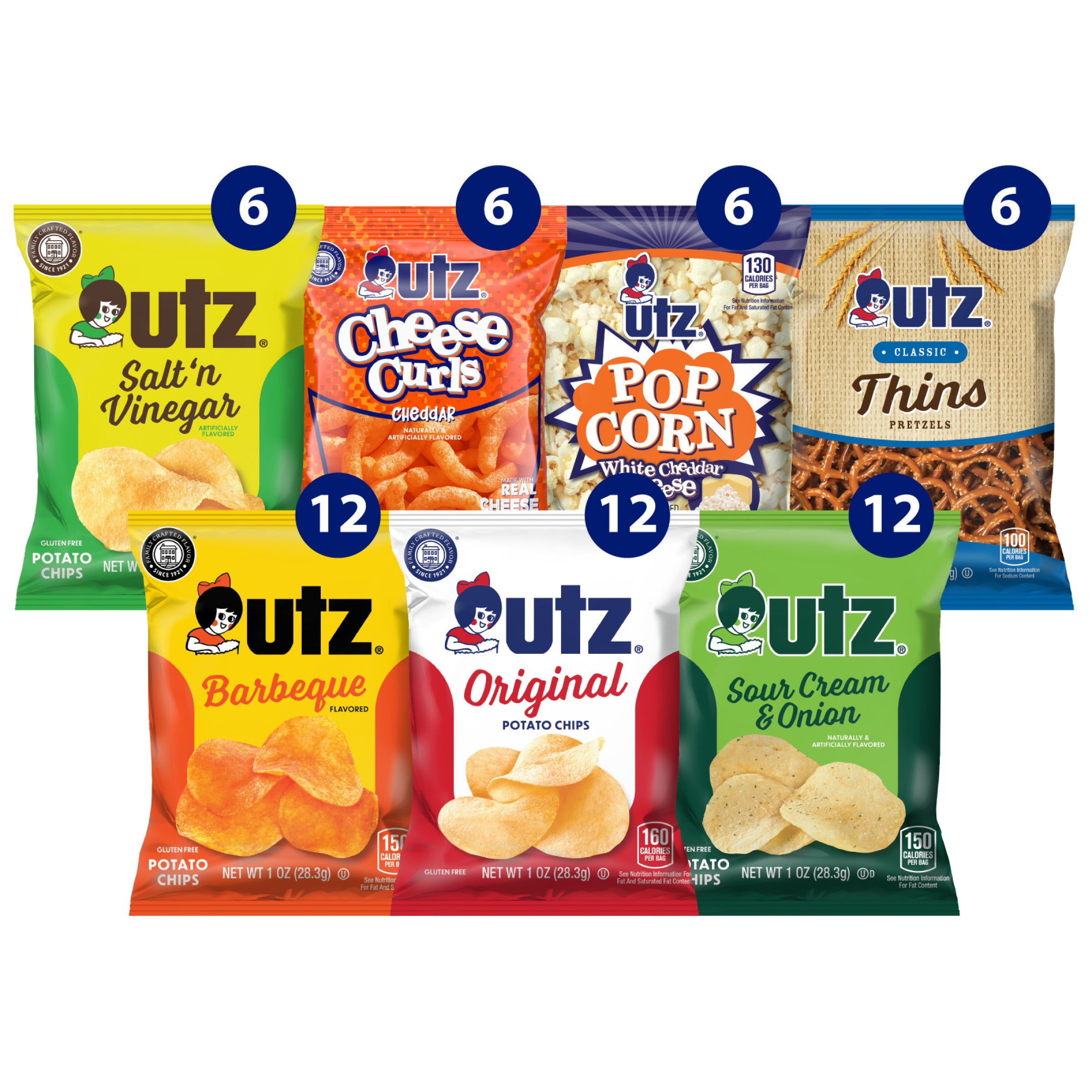 Image displaying various Utz snack bags in a variety pack. The assortment includes 6 bags each of Salt’n Vinegar Potato Chips, Cheddar Cheese Curls, White Cheddar Popcorn, and Classic Thins Pretzels, as well as 12 bags each of Barbeque Potato Chips, Original Potato Chips, and Sour Cream & Onion Potato Chips.
