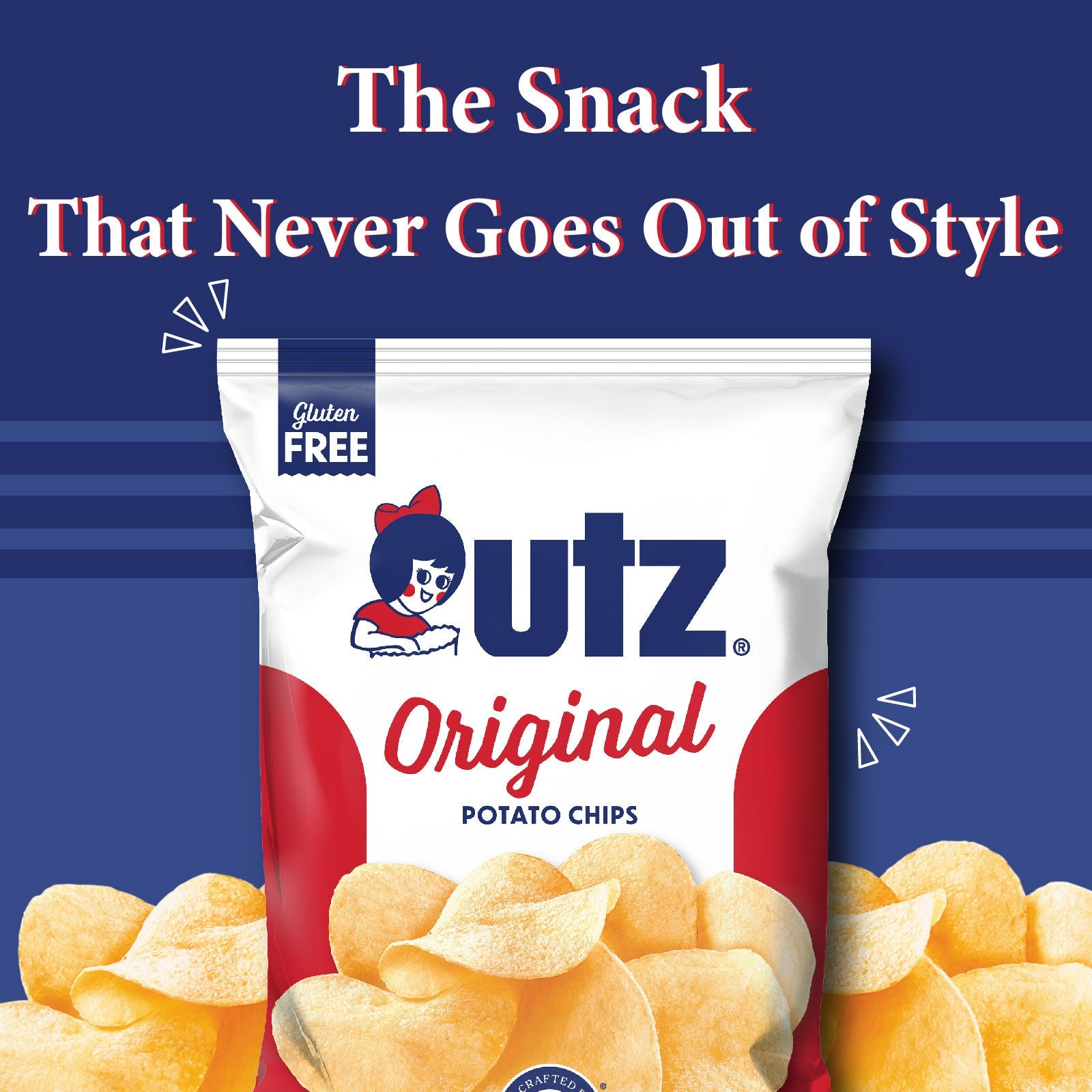 Utz Original Potato Chips packaging with text 'The Snack That Never Goes Out of Style' on a blue background.