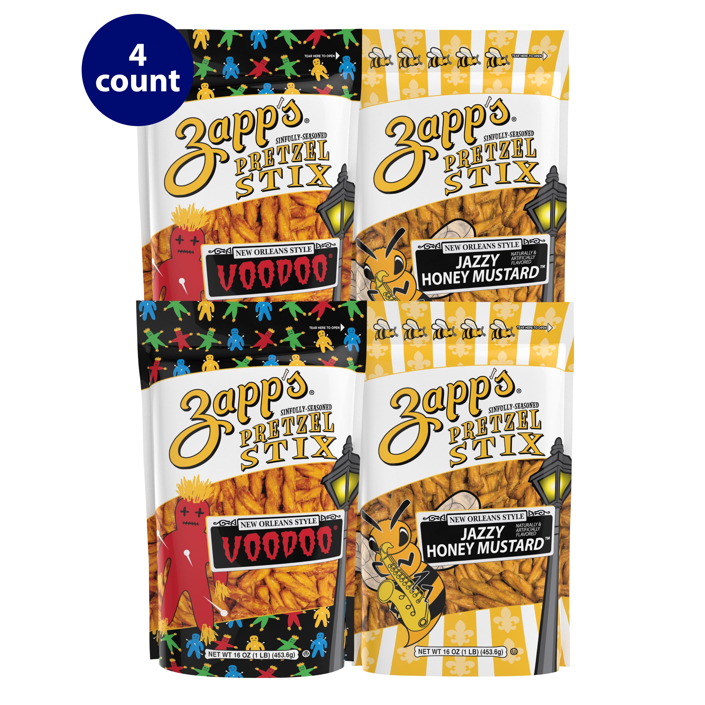 Four bags of Zapp's Pretzel Stix displayed in a 4-count pack, featuring two flavors: Voodoo and Jazzy Honey Mustard. The Voodoo bags have a black, red, and multicolor design with a voodoo doll graphic, while the Jazzy Honey Mustard bags feature a yellow and white design with a saxophone graphic, reflecting New Orleans-style seasoning.