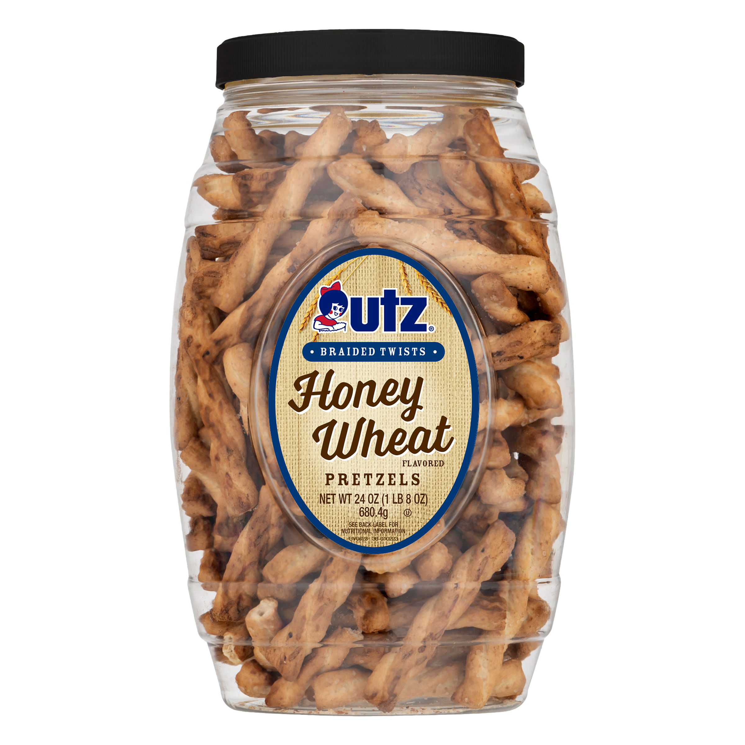Jar of Utz Honey Wheat Pretzels on a white background
