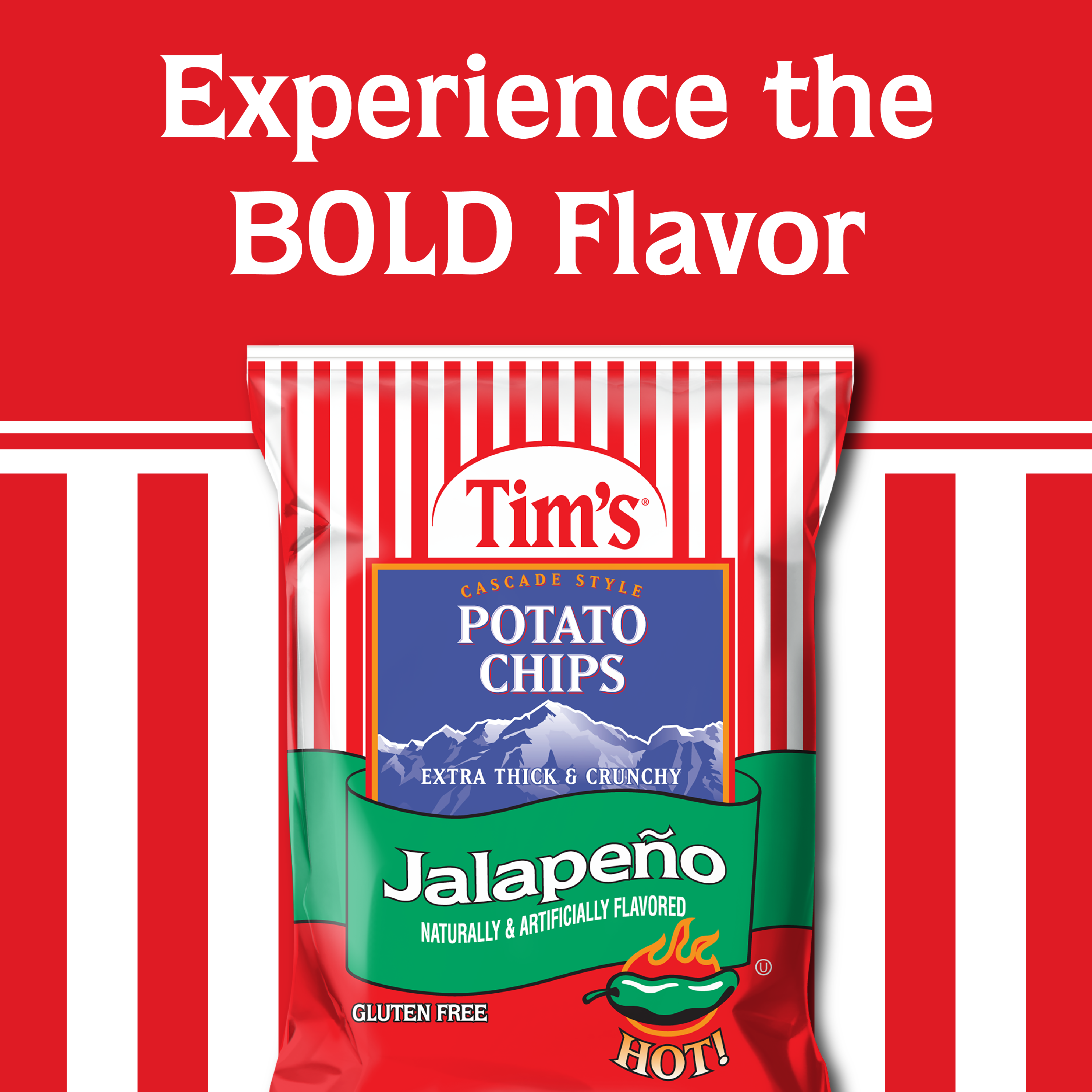 Tim's jalapeno potato chips packaging on a red background with text.