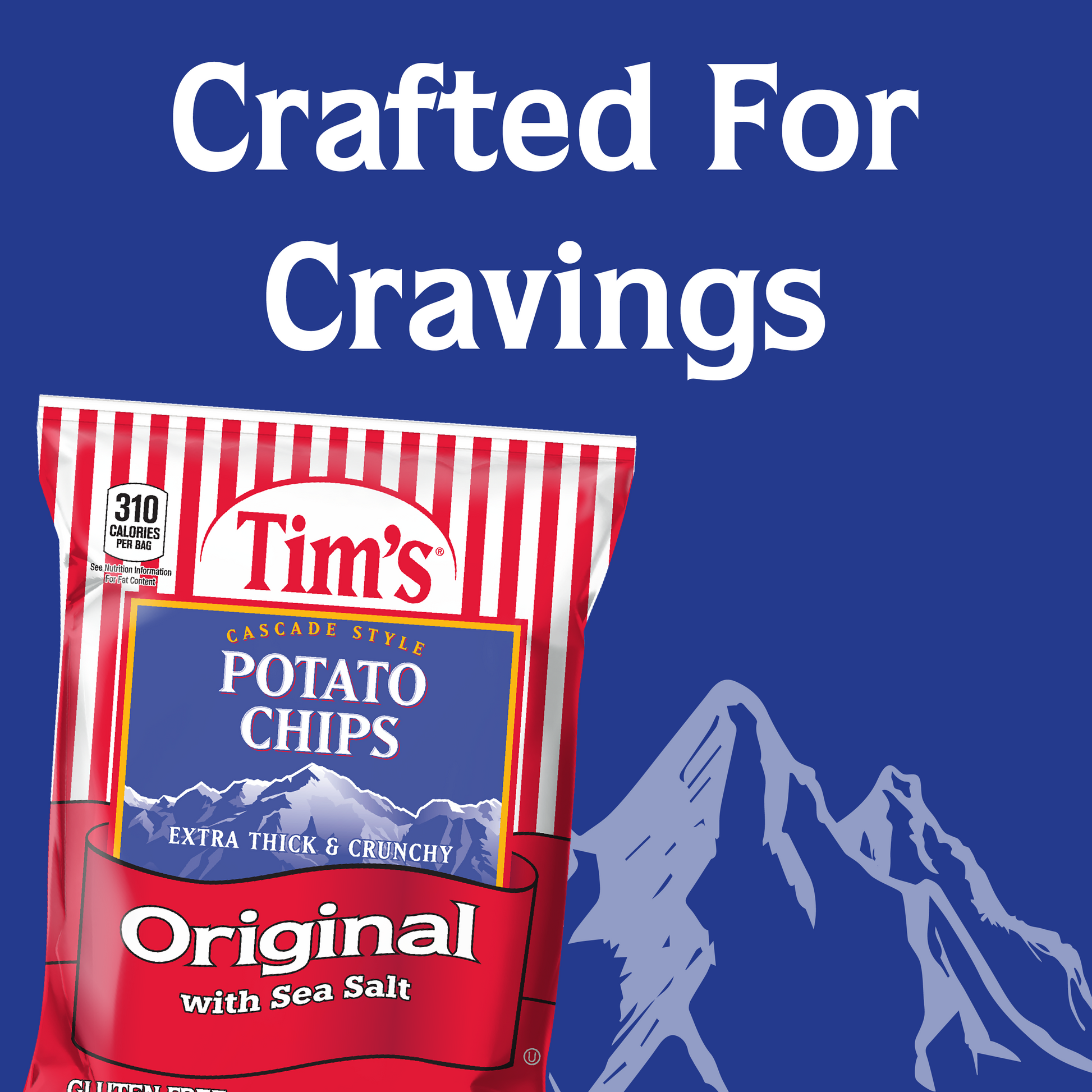 Tim's potato chips packaging with 'Crafted For Cravings' text on a blue background