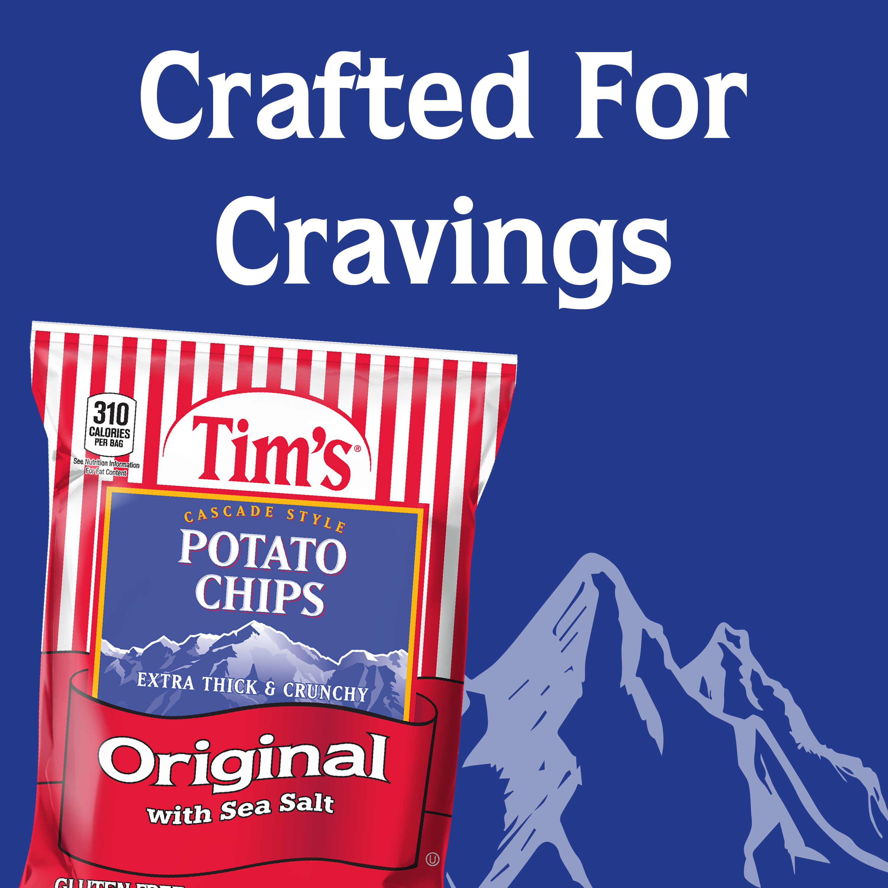 Tim's potato chips packaging with 'Crafted For Cravings' text on a blue background