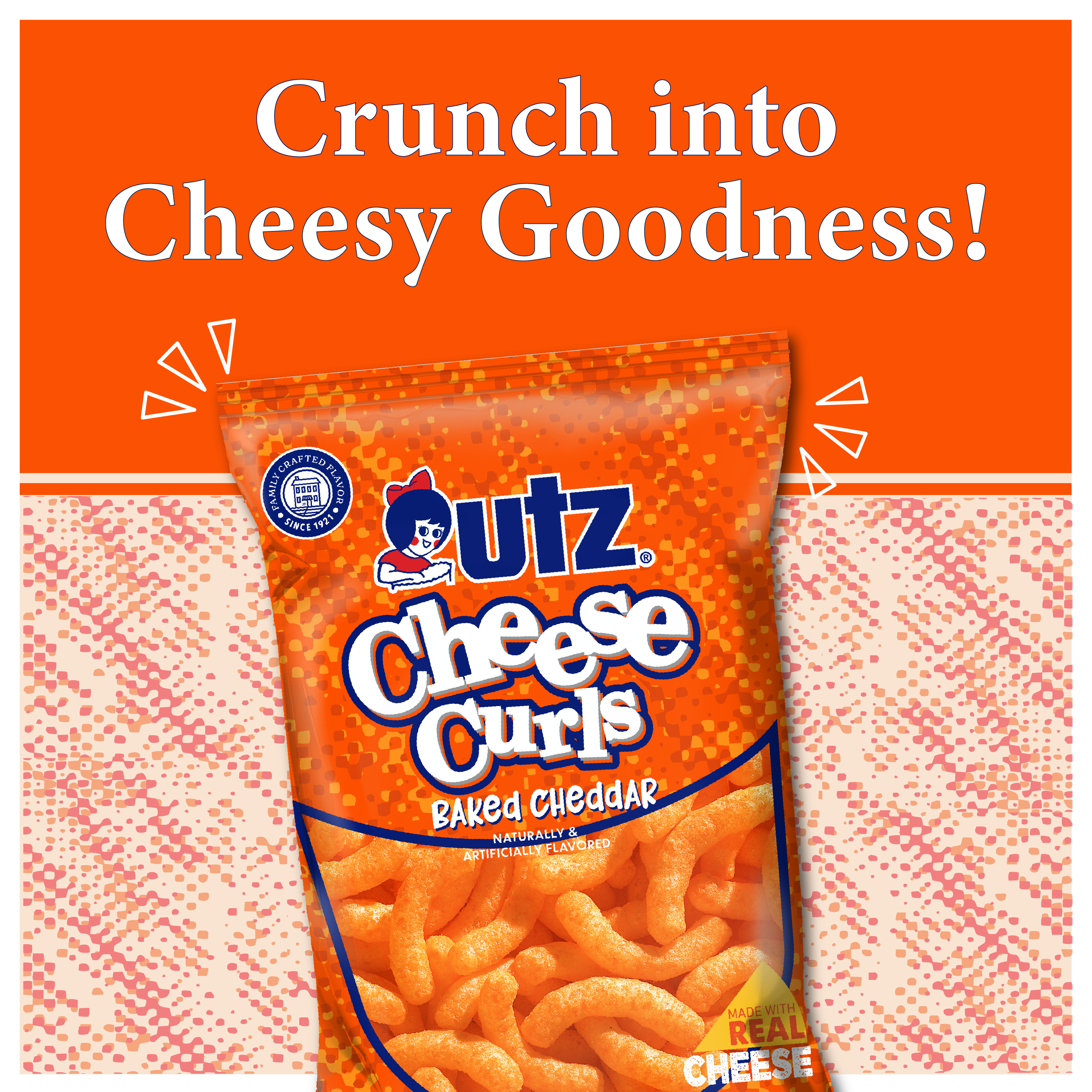 utz Cheese Curls snack package with promotional text on an orange background