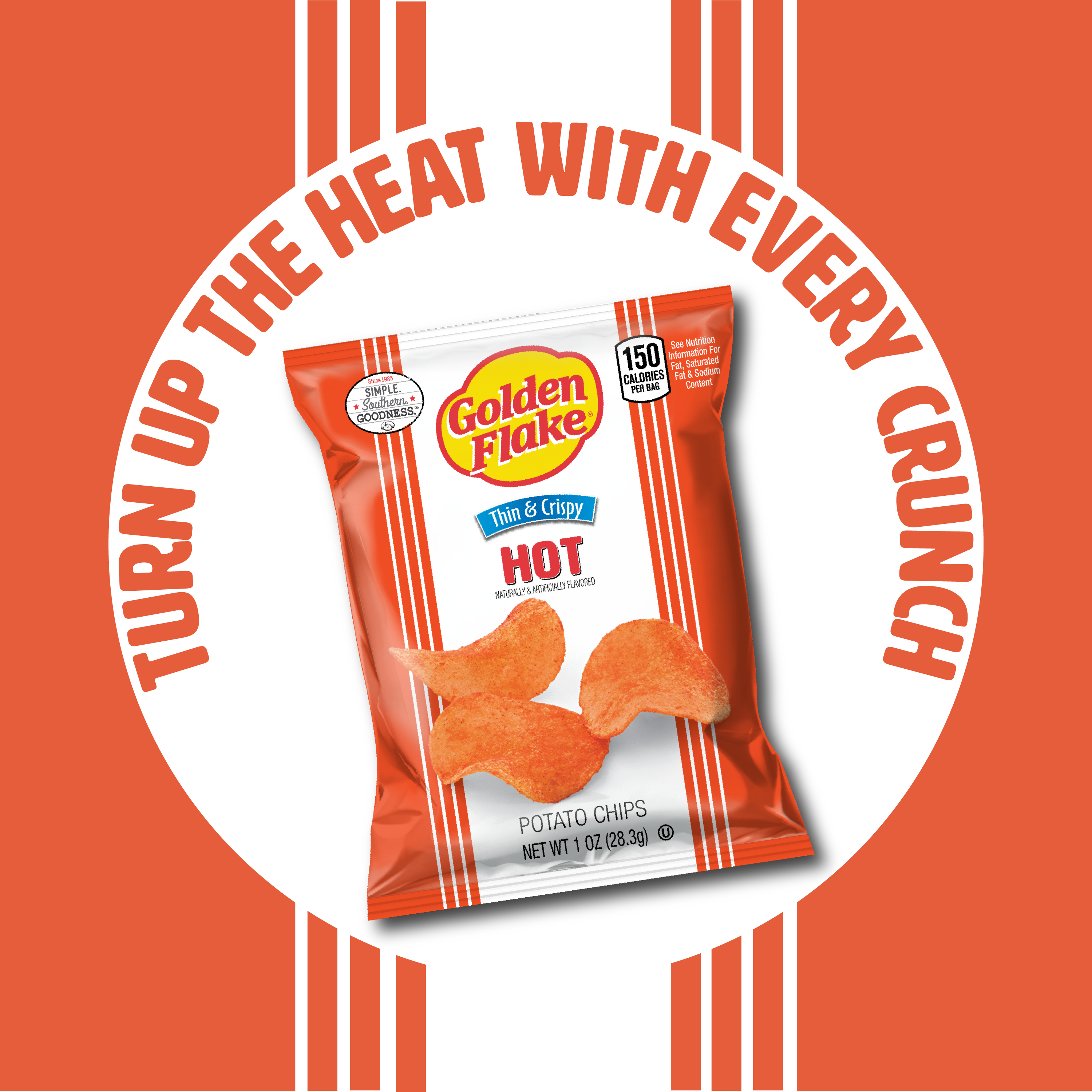 Golden Flake Hot Potato Chips packaging on an orange background with text.