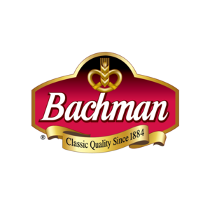 Bachman logo with red background and gold accents on a white background