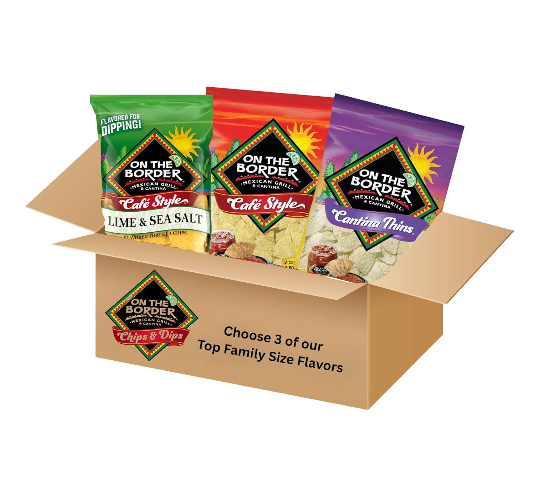 A box of On The Border tortilla chips with three visible flavors: Lime & Sea Salt, Cafe Border, and Original Plain.