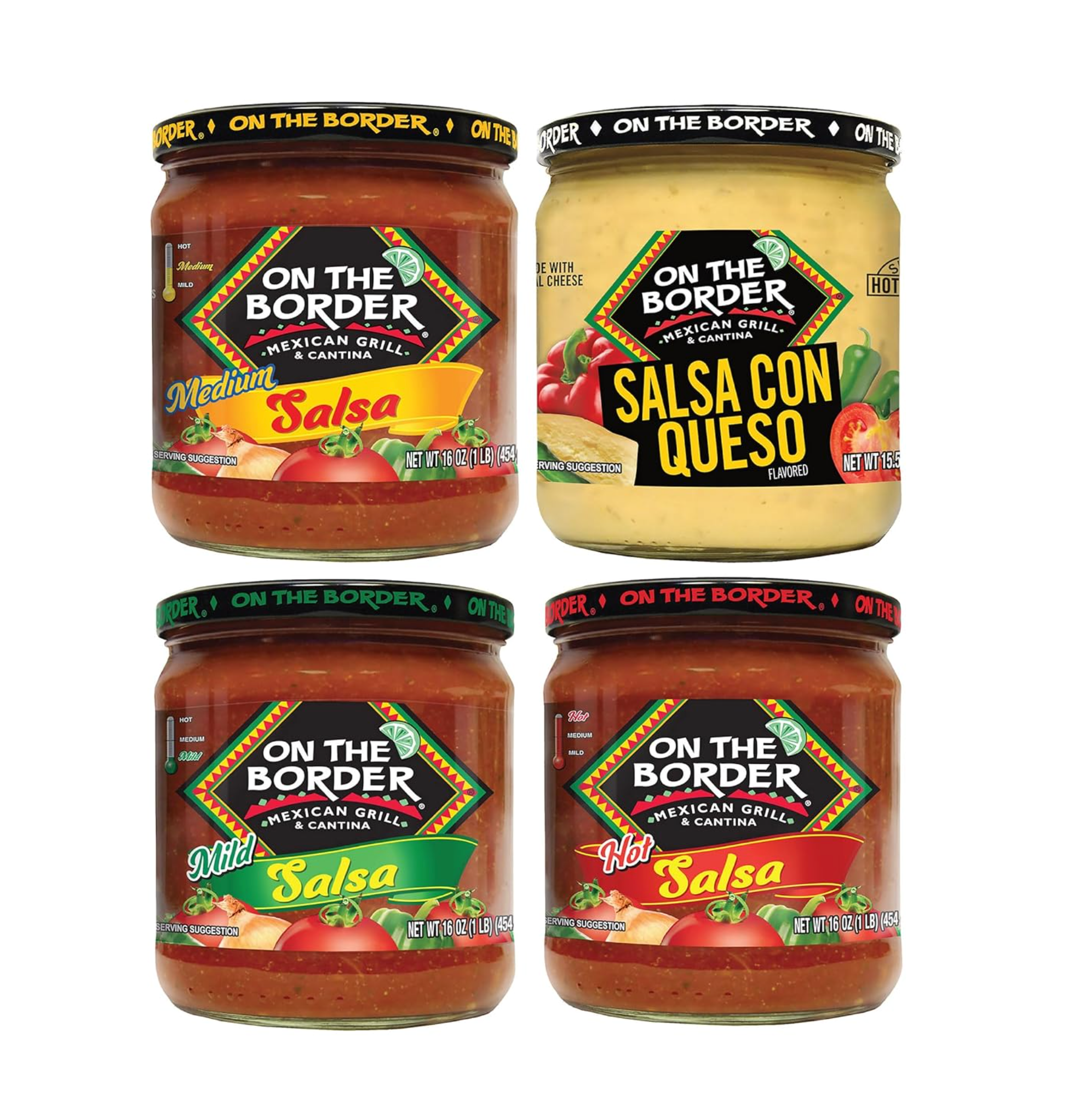 Four jars of On The Border brand dips, two labeled as 'Salsa' and two as 'Salsa Con Queso', indicating a variety of flavors.