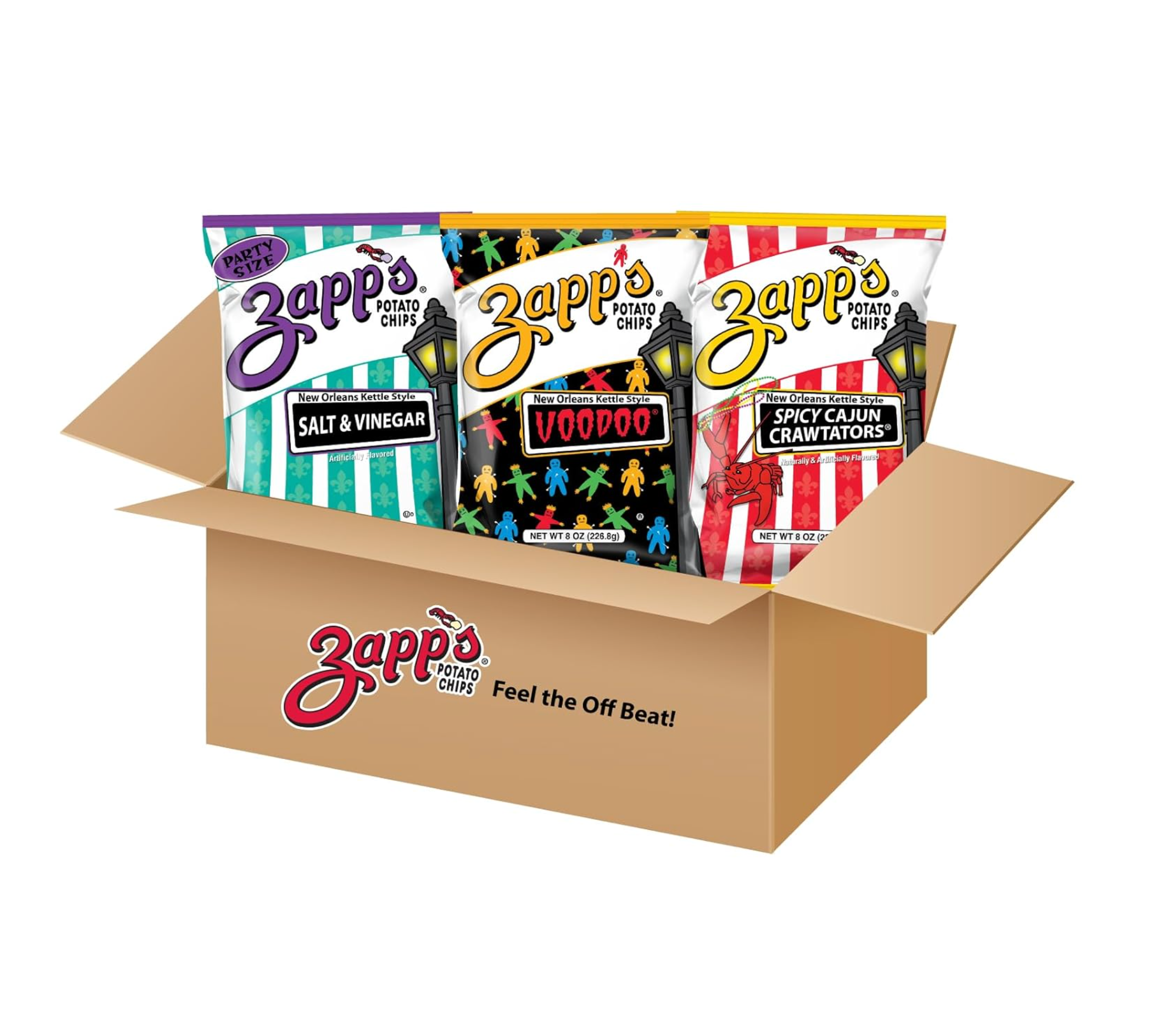 A box of Zapp's chips with three visible flavors: Voodoo, BBQ, and Plain.