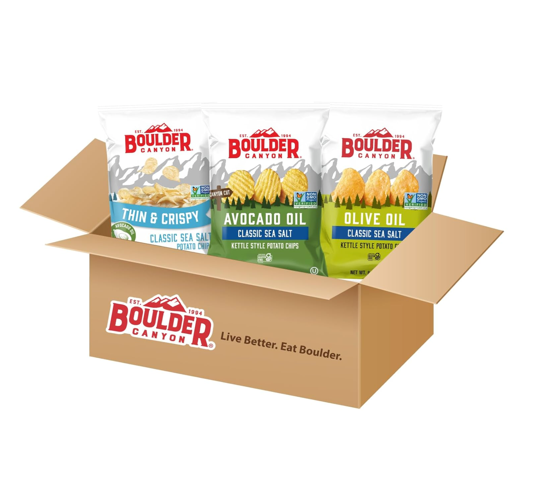 A cardboard box containing three bags of Boulder Canyon chips, with flavors Avocado Oil, Classic Sea Salt, and Olive Oil.
