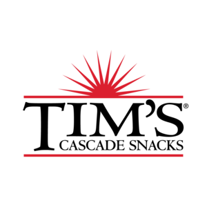 Logo of Tim's Cascade Snacks with a red sun-like symbol on a white background